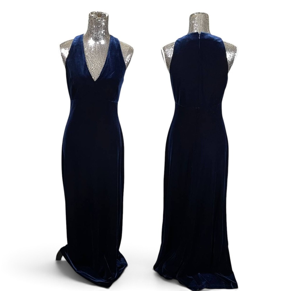 Vintage 90s Rimini Navy Blue Velvet V-Neck Maxi Dress Size 8 Evening Gown